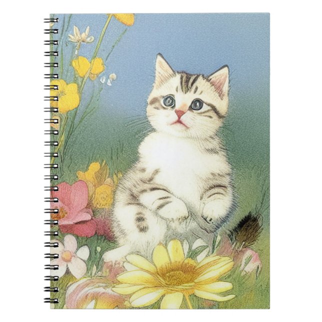 Vintage Kitten Illustration with Yellow Flowers Notebook (Front)