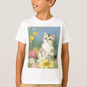 Vintage Kitten Illustration with Yellow Flowers T-Shirt
