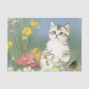 Vintage Kitten Illustration with Yellow Flowers Tissue Paper