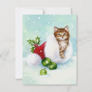 Vintage Kitten In Santa Hat Holiday Card