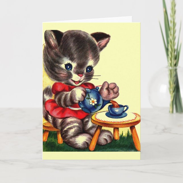Vintage Kitten Tea Party Greeting Card (Front)