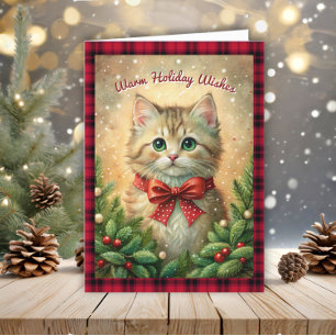 Vintage Kitten Warm Holiday Wishes Buffalo Plaid Card