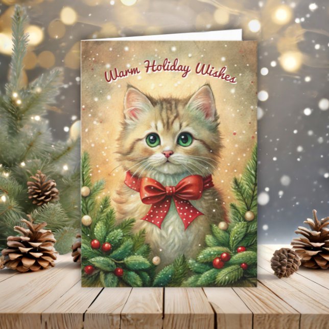Vintage Kitten Warm Holiday Wishes Festive Card (Vintage cat Christmas folded greeting card)