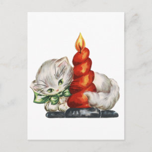 Vintage Kitten With Candle Postcard