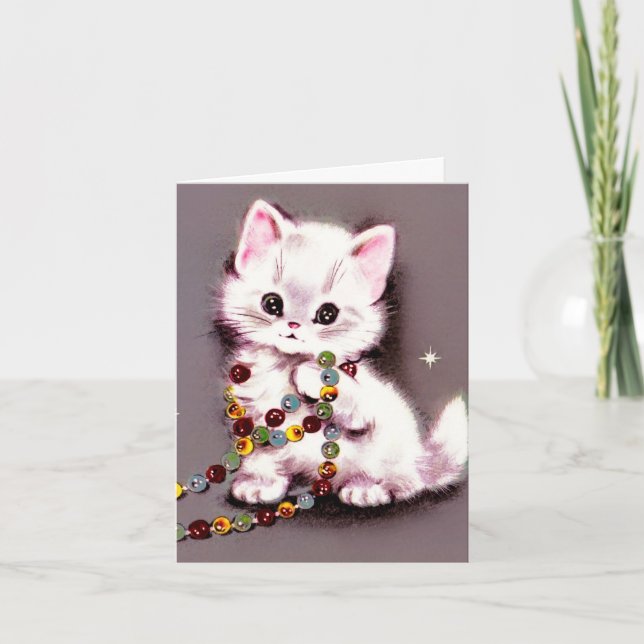 Vintage Kitten with Garland Greeting ChristmasCard Holiday Card (Front)