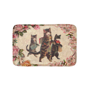 Vintage Kittens Going to School Print: Victorian Bath Mat