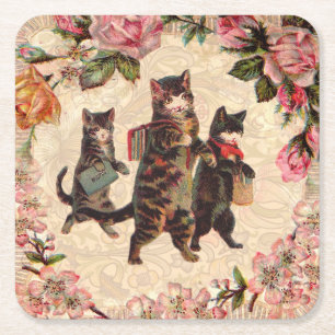 Vintage Kittens Going to School Print: Victorian Square Paper Coaster