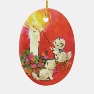 Vintage Kittens Lighting a candle Ceramic Ornament