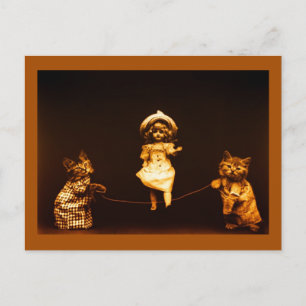 Vintage kittens rope skipping doll art photo postcard