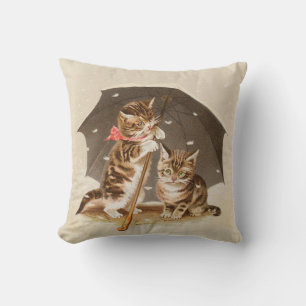 Vintage Kittens Under Umbrella Antique Cat art Cushion