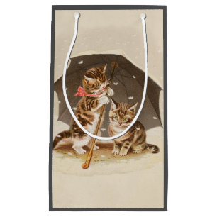 Vintage Kittens Under Umbrella Antique Cat art Small Gift Bag