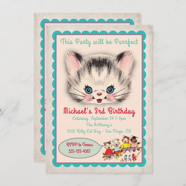 Vintage Kitty Cat Birthday Party Invitation (Front/Back)