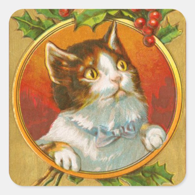 Vintage kitty cat merry christmas holiday sticker (Front)