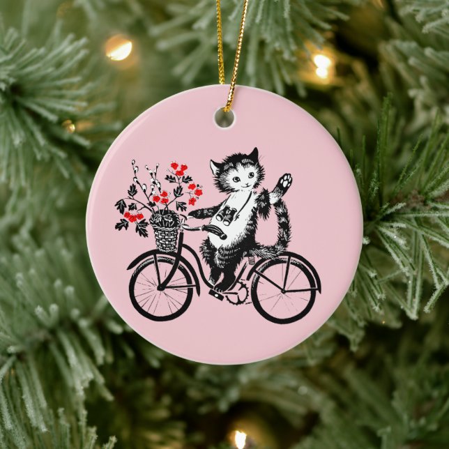 Vintage Kitty Riding A Bicycle Ceramic Ornament (Tree)