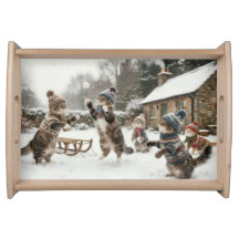 Vintage Kitty Snowball Fight Serving Tray