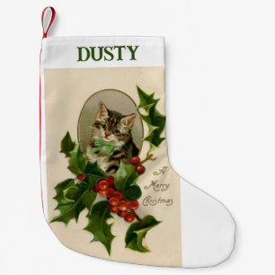Vintage Kitty With Holly Christmas Stocking