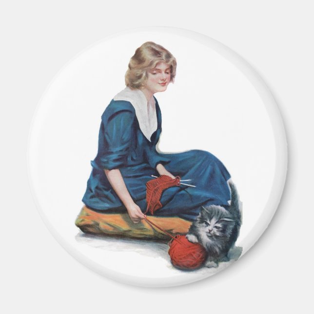 Vintage Knitting Blonde with Kitten Magnet (Front)