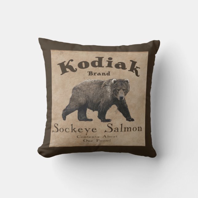 Vintage Kodiak Salmon Label Outdoor Cushion (Front)
