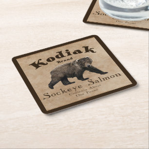 Vintage Kodiak Salmon Label Square Paper Coaster