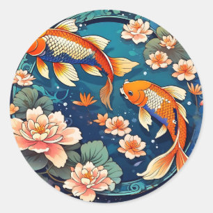 Vintage Koi Fish on Indigo Classic Round Sticker