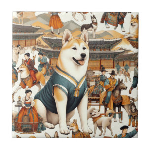 Vintage Korean Jindo Dog Seamless Illlustration Ceramic Tile