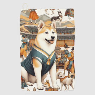 Vintage Korean Jindo Dog Seamless Illlustration Golf Towel