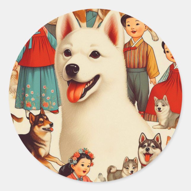 Vintage Korean Jindo Illustration Classic Round Sticker (Front)