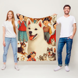 Vintage Korean Jindo Illustration Fleece Blanket