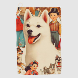 Vintage Korean Jindo Illustration Golf Towel