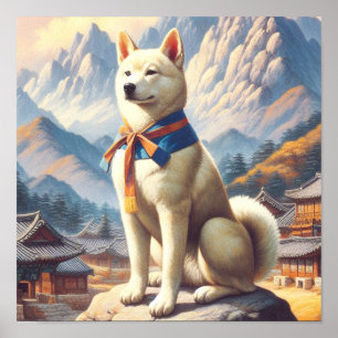 Vintage Korean Jindo Illustration Poster