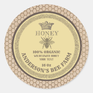 Vintage kraft crown bee fresh honey jar label 
