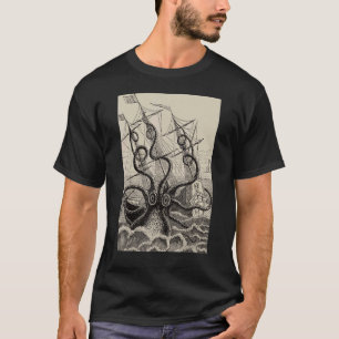 Vintage Kraken Attacking Ship Octopus Monster Silh T-Shirt