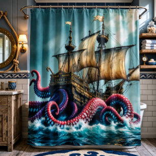 Vintage Kraken & Galleon Ship Shower Curtain
