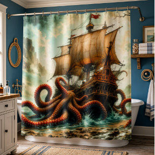 Vintage Kraken & Galleon Ship Shower Curtain