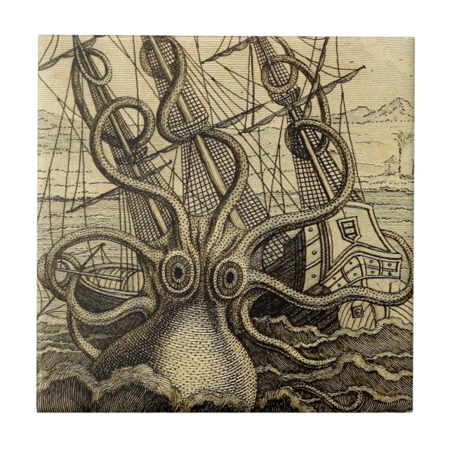 Vintage Kraken Print Ceramic Tile (Front)