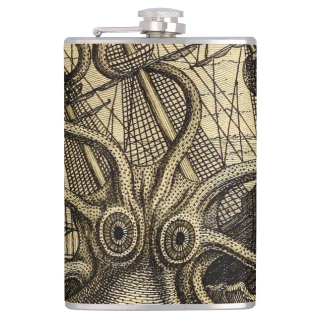 Vintage Kraken Print Hip Flask (Front)