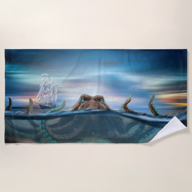 Vintage Kraken Sea Monster Beach Towel (Front)