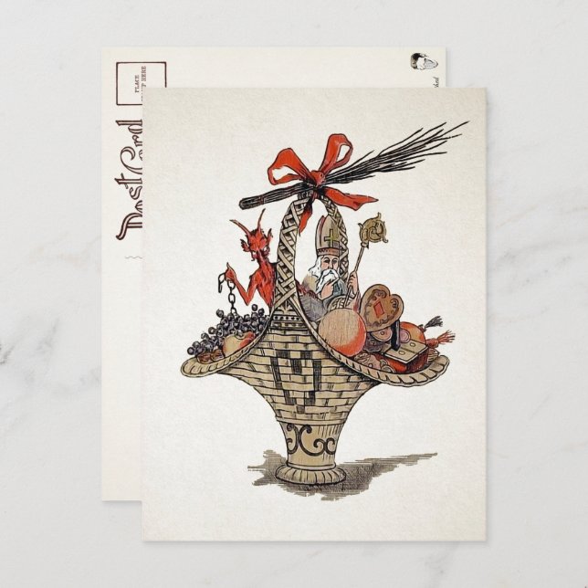 Vintage Krampus and Santa Gift Basket Postcard (Front/Back)