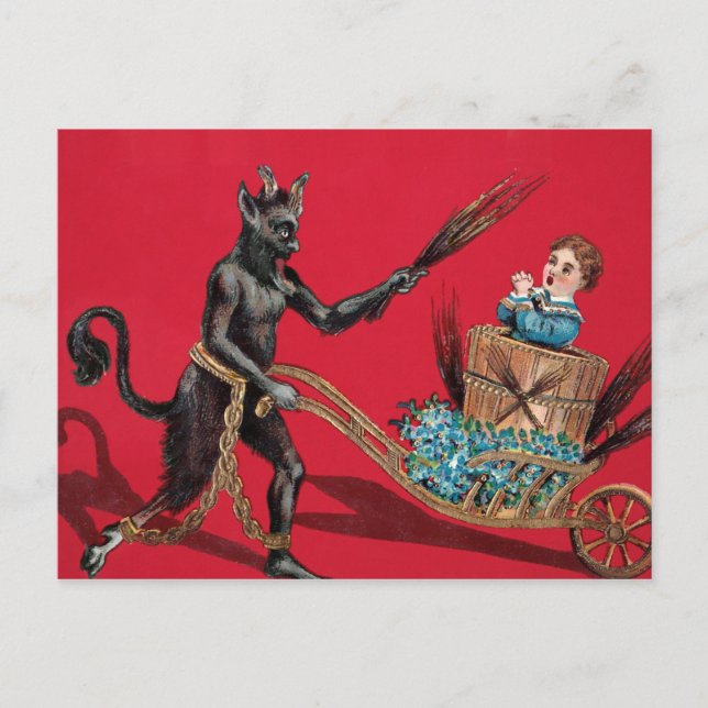 Vintage Krampus Wheelbarrow Postcard (Front)