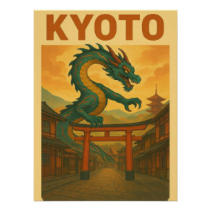 Vintage Kyoto Poster - Mythic Dragon Over Torii