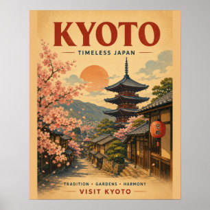 Vintage Kyoto Travel Poster with Cherry Blossoms a