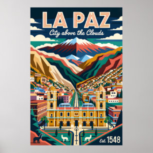 Vintage La Paz Bolivia Cityscape Retro Travel Poster