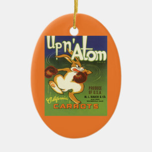 Vintage Label Art Boxing Rabbit, Up n Atom Carrots Ceramic Tree Decoration