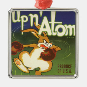 Vintage Label Art Boxing Rabbit, Up n Atom Carrots Metal Tree Decoration
