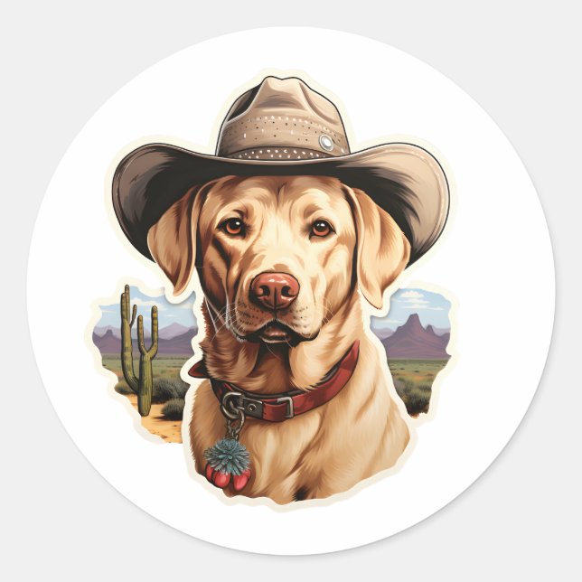 Vintage Labrador Retriver wearing a cowboy hat  Classic Round Sticker (Front)