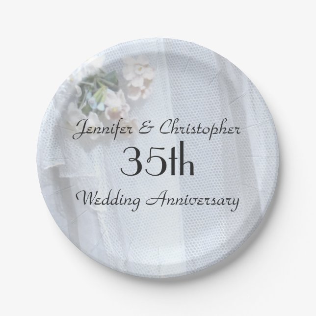 Vintage Lace 35th Wedding Anniversary, Name, Paper Plate (Front)