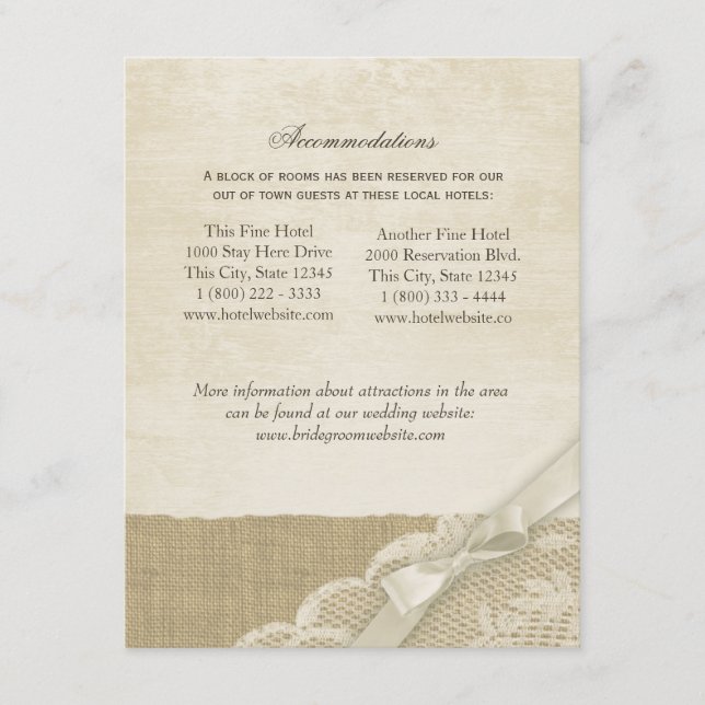 Vintage Lace and Burlap Information Card (Front)