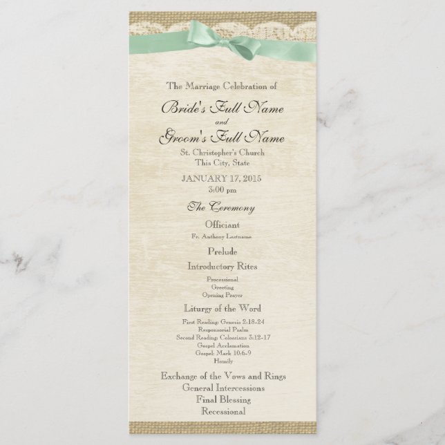 Vintage Lace and Mint Green Bow Wedding Program (Front)