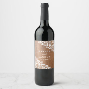 Vintage lace and rustic wood couples wine label