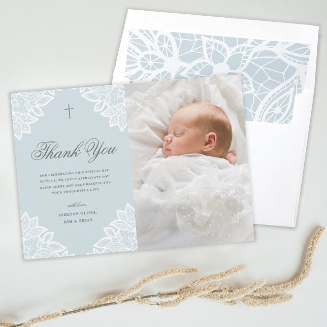 Vintage lace baptism photo thank you card (Creator Uploaded)